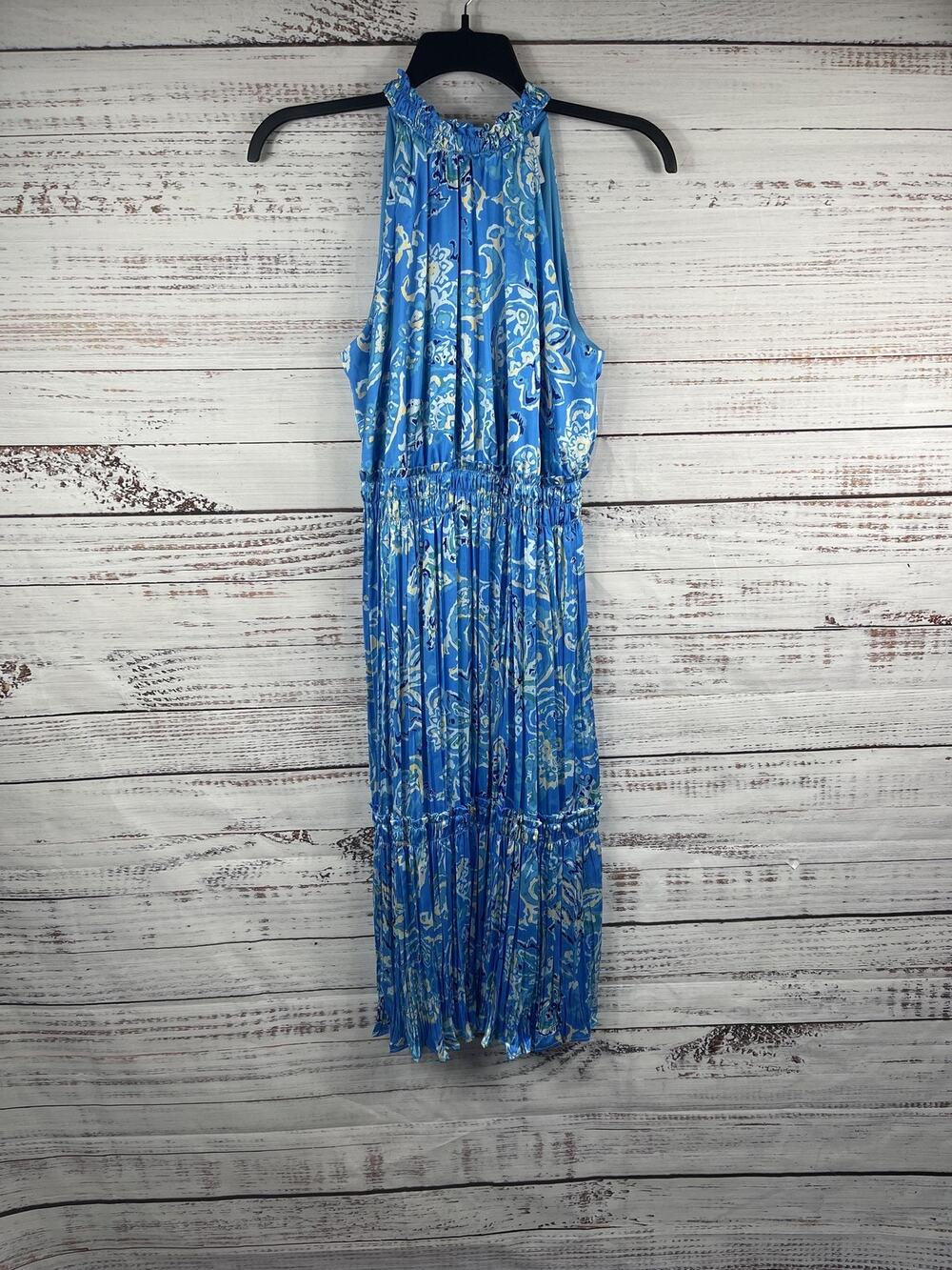 Nicole Miller Dress Womens Medium Blue Floral Halter Maxi Pleated Chiffon Tiered